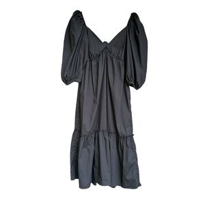 Padova Columbia Black Tiered Puff Sleeve Sweetheart Midi Dress 100% Cotton Sz 8